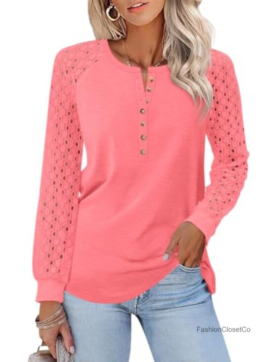 Tops - Lace Henley Long Sleeve T-Shirt Women Casual Stretchy Blouse